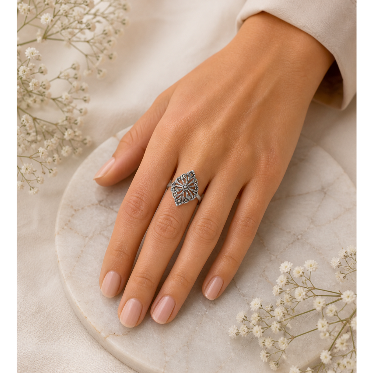 Vintage Marcasite Shield Cutout Ring in 925 sterling silver – angle view